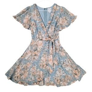 jennifer aniston black mini dress Rouje - GABIN Dress - Blue floral print midi wrap Dress - Blue main image 0